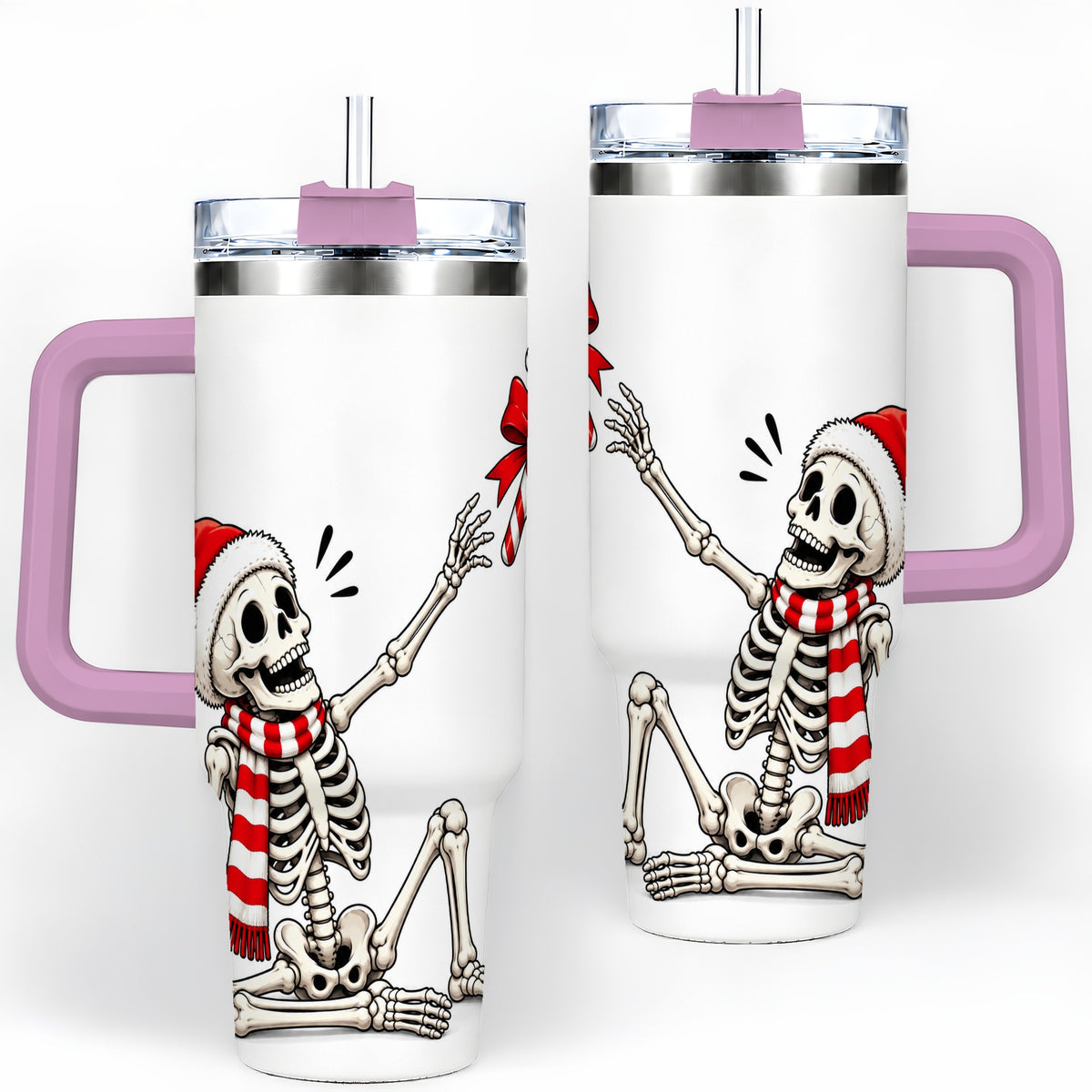 #pl[40oz|Pink] Christmas Skeleton 40oz Tumbler, Santa Hat Candy Cane Artwork