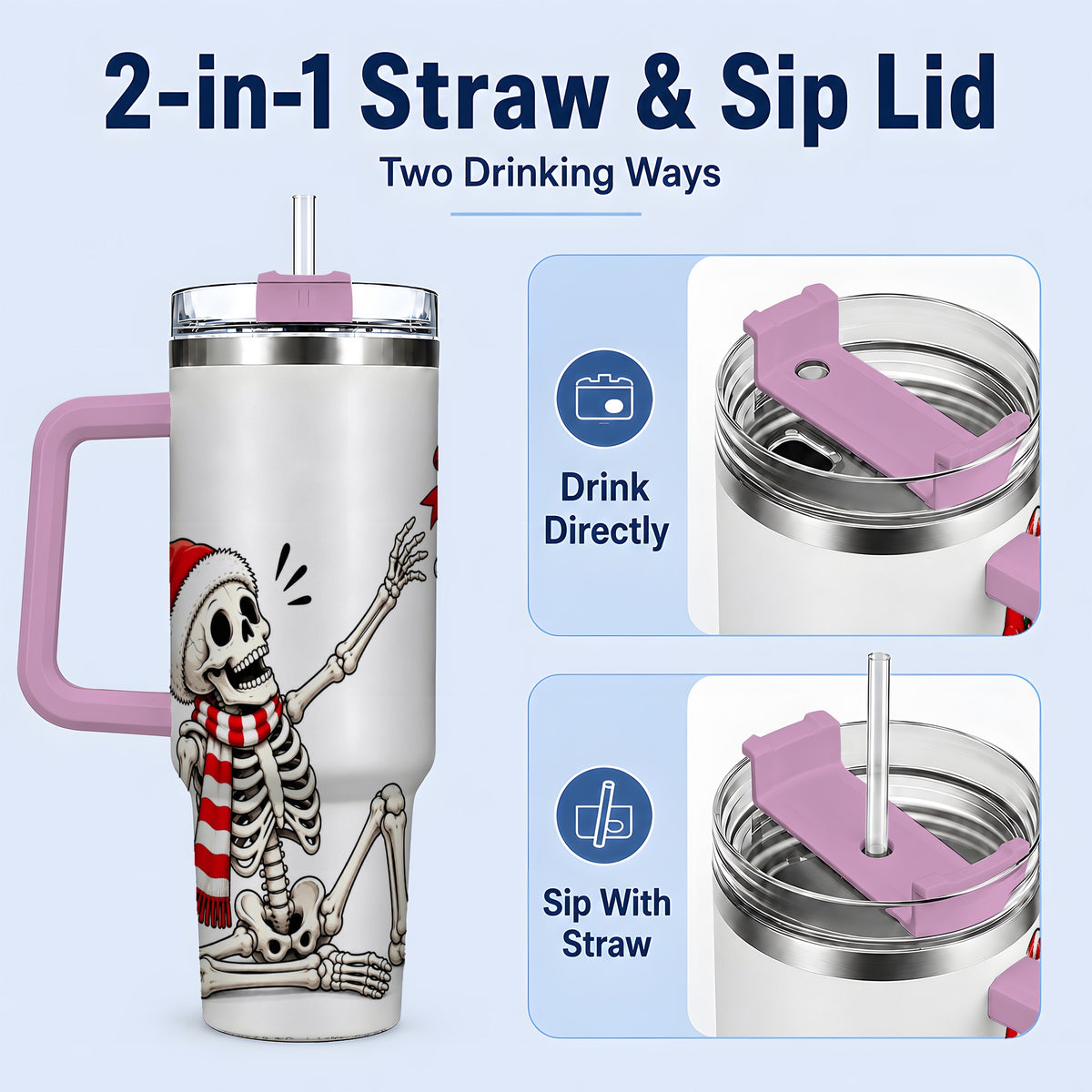 #pl[40oz|Pink] Christmas Skeleton 40oz Tumbler, Santa Hat Candy Cane Artwork