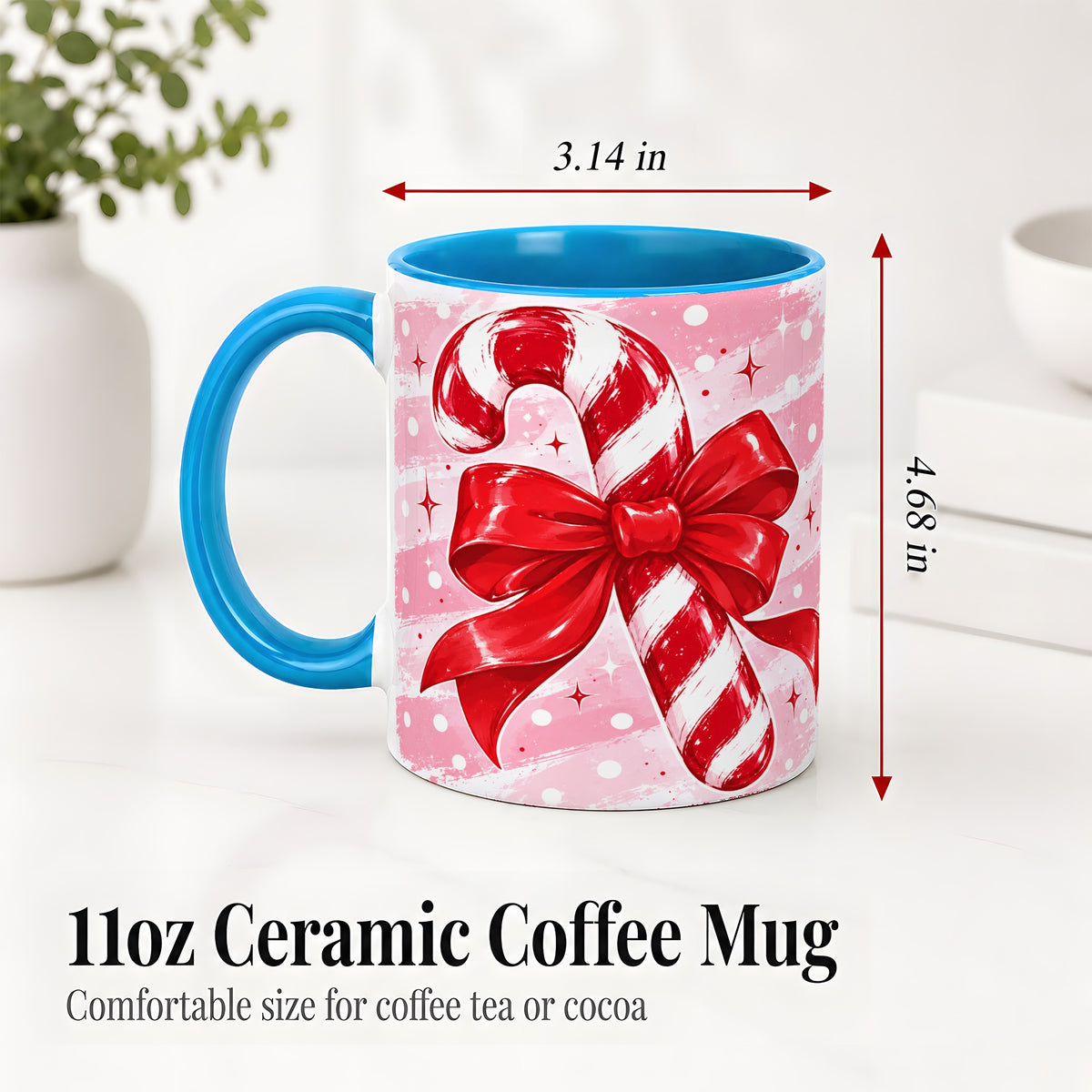 #pl[11oz|Blue] Candy Cane Bow Ceramic Mug, Red Pink Christmas Holiday Artwork