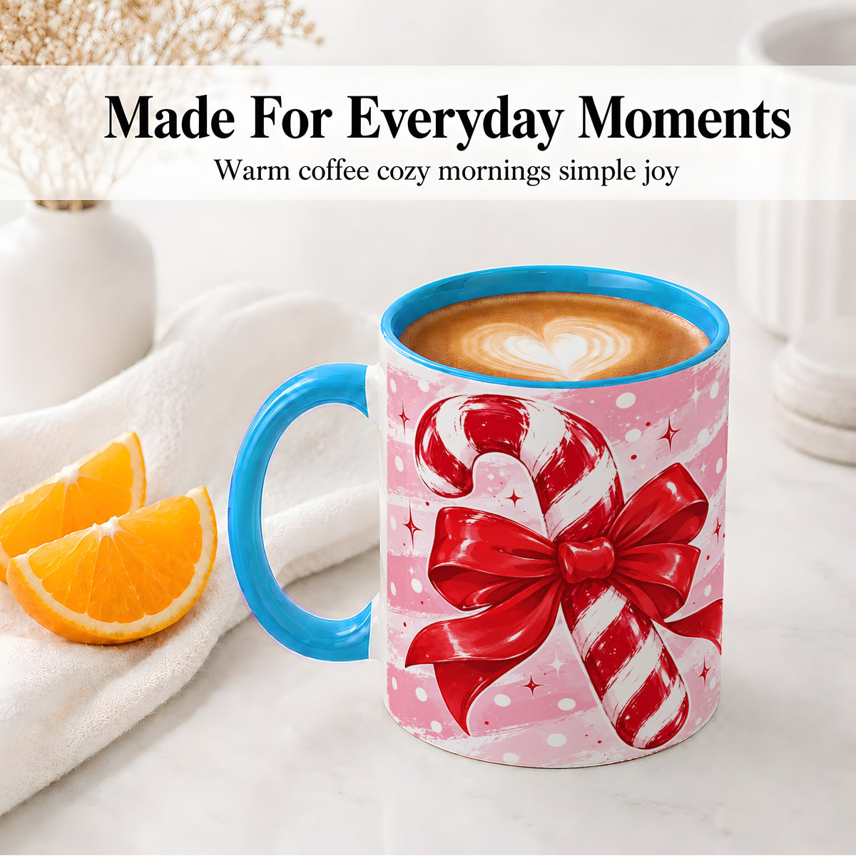 #pl[11oz|Blue] Candy Cane Bow Ceramic Mug, Red Pink Christmas Holiday Artwork