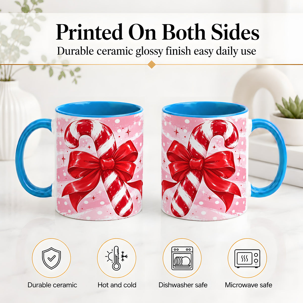 #pl[11oz|Blue] Candy Cane Bow Ceramic Mug, Red Pink Christmas Holiday Artwork