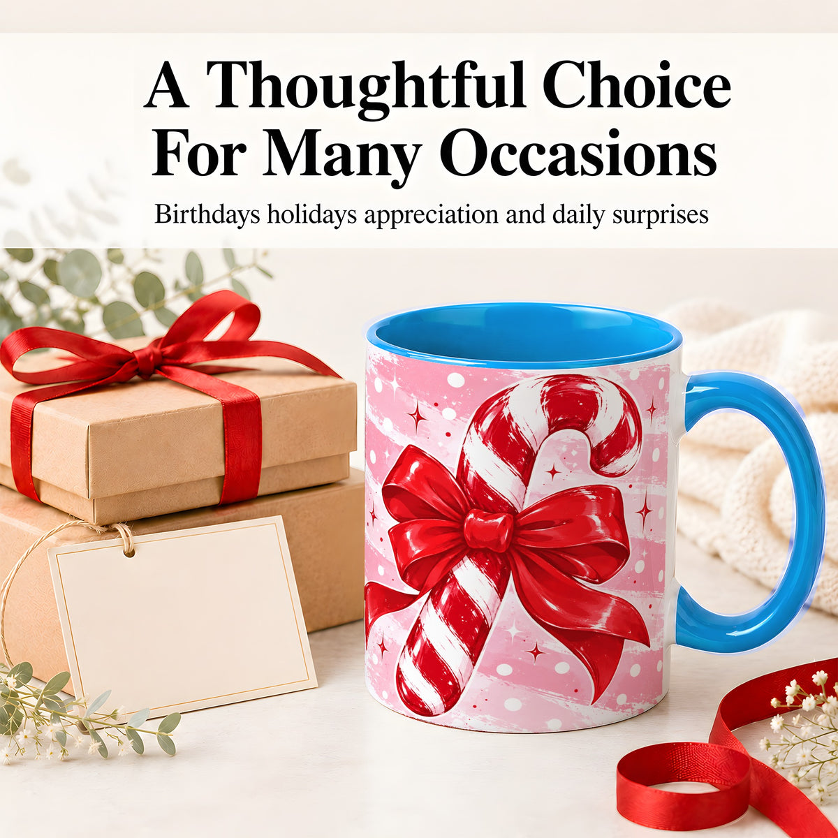 #pl[11oz|Blue] Candy Cane Bow Ceramic Mug, Red Pink Christmas Holiday Artwork