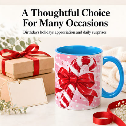 #pl[11oz|Blue] Candy Cane Bow Ceramic Mug, Red Pink Christmas Holiday Artwork