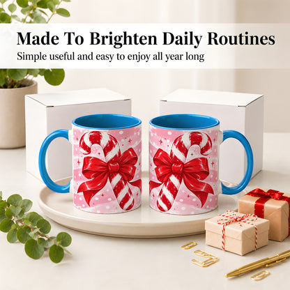 #pl[11oz|Blue] Candy Cane Bow Ceramic Mug, Red Pink Christmas Holiday Artwork