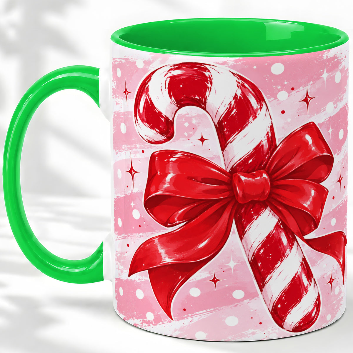 #pl[11oz|Green] Candy Cane Bow Ceramic Mug, Red Pink Christmas Holiday Artwork