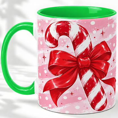 #pl[11oz|Green] Candy Cane Bow Ceramic Mug, Red Pink Christmas Holiday Artwork