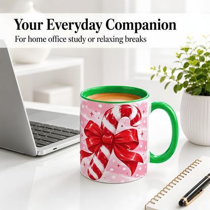 #pl[11oz|Green] Candy Cane Bow Ceramic Mug, Red Pink Christmas Holiday Artwork
