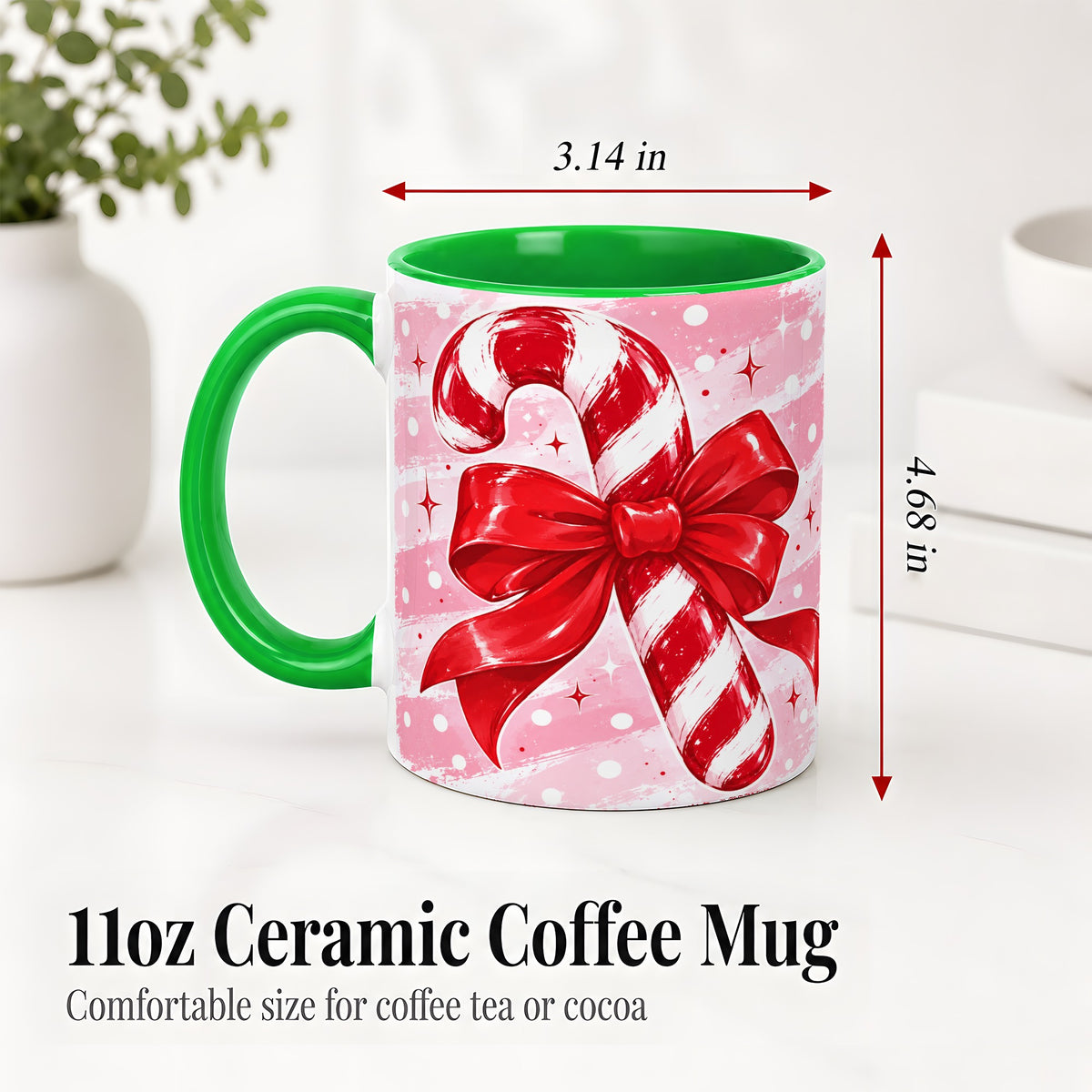 #pl[11oz|Green] Candy Cane Bow Ceramic Mug, Red Pink Christmas Holiday Artwork