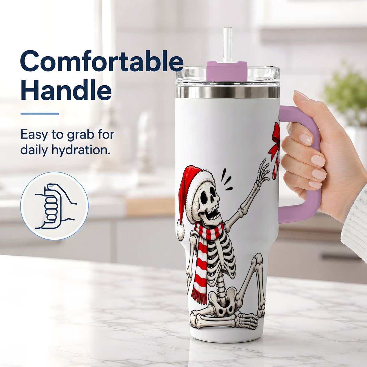 #pl[40oz|Pink] Christmas Skeleton 40oz Tumbler, Santa Hat Candy Cane Artwork