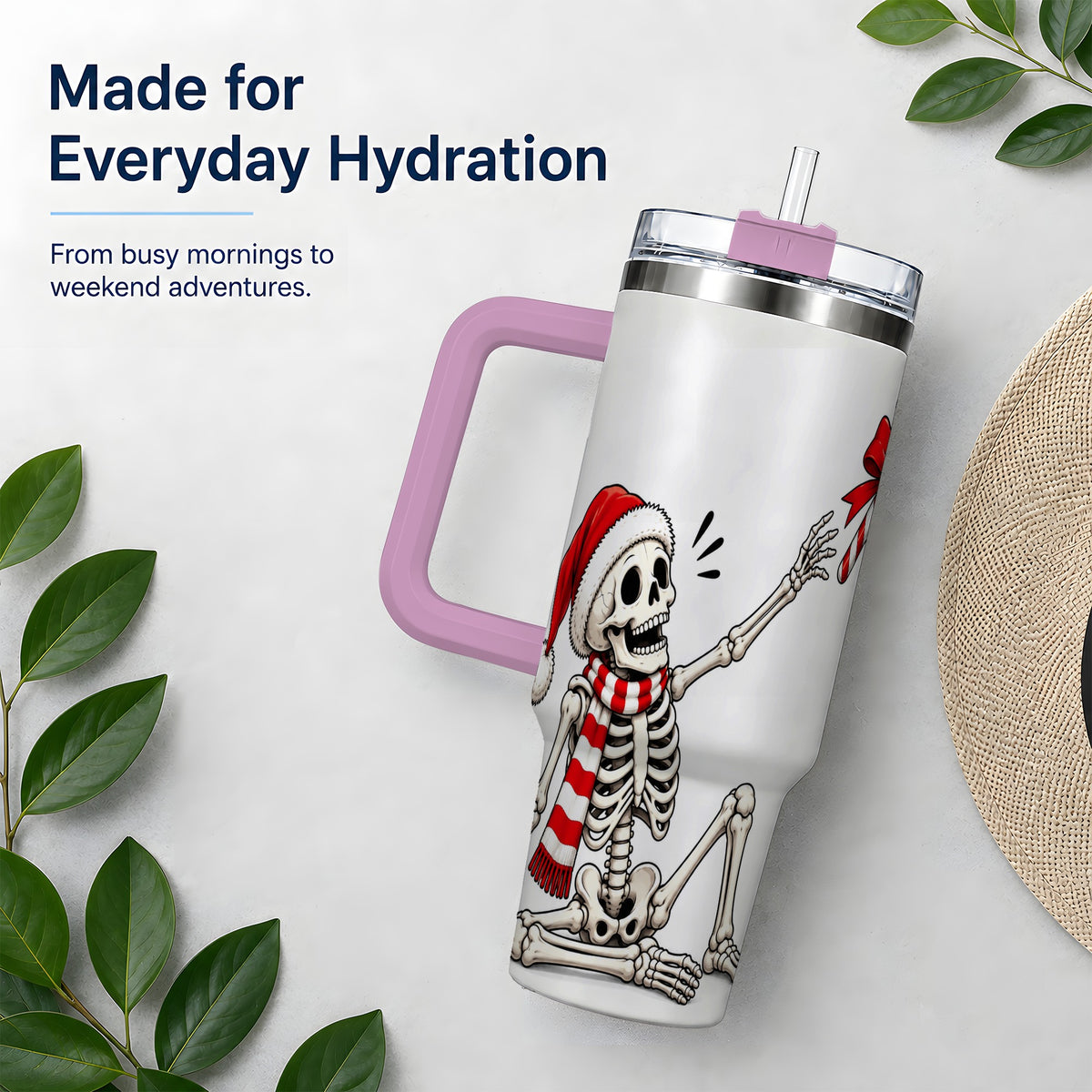 #pl[40oz|Pink] Christmas Skeleton 40oz Tumbler, Santa Hat Candy Cane Artwork