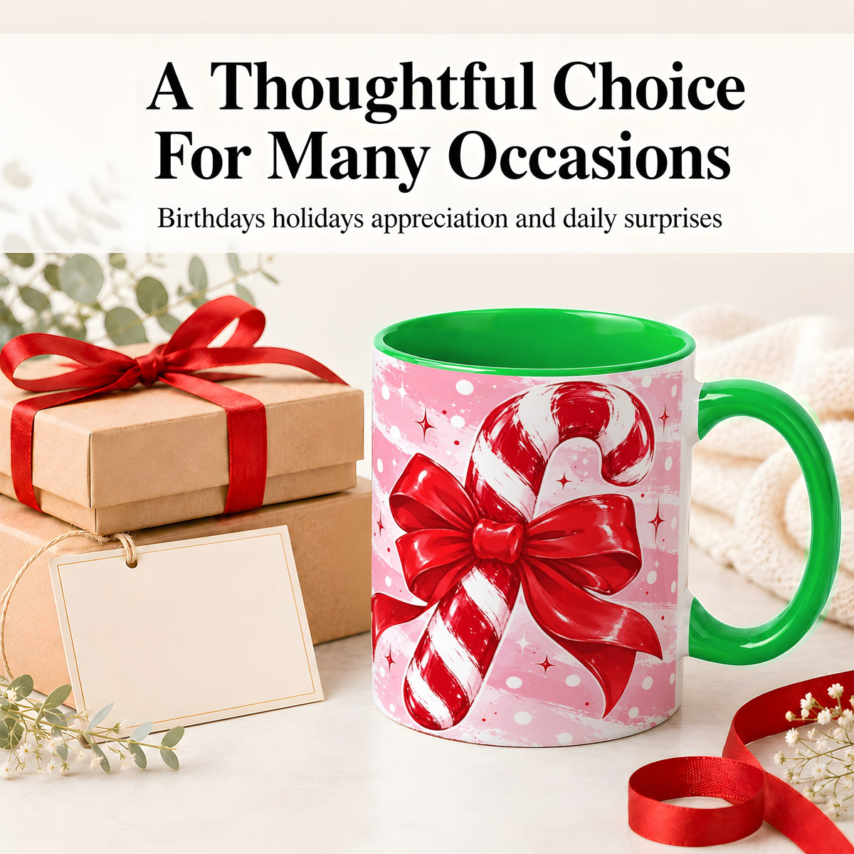 #pl[11oz|Green] Candy Cane Bow Ceramic Mug, Red Pink Christmas Holiday Artwork
