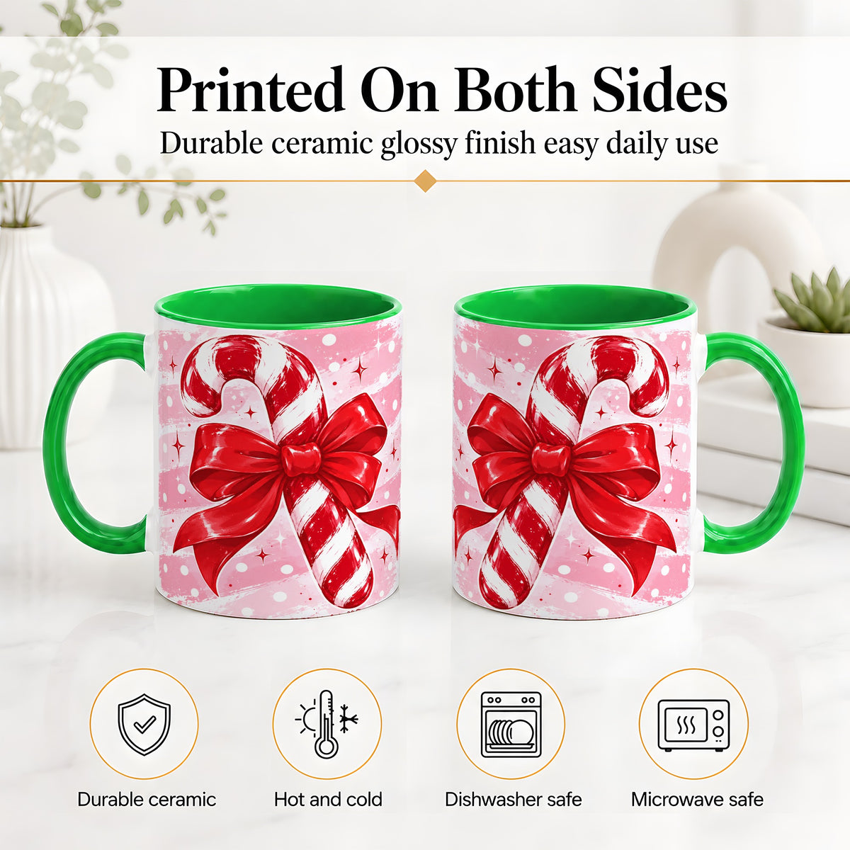 #pl[11oz|Green] Candy Cane Bow Ceramic Mug, Red Pink Christmas Holiday Artwork