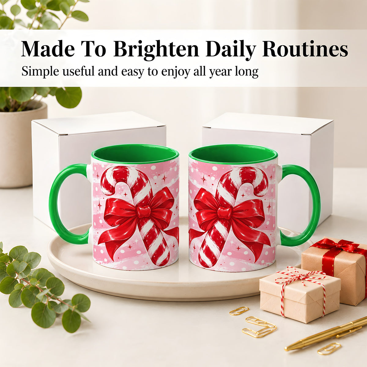 #pl[11oz|Green] Candy Cane Bow Ceramic Mug, Red Pink Christmas Holiday Artwork