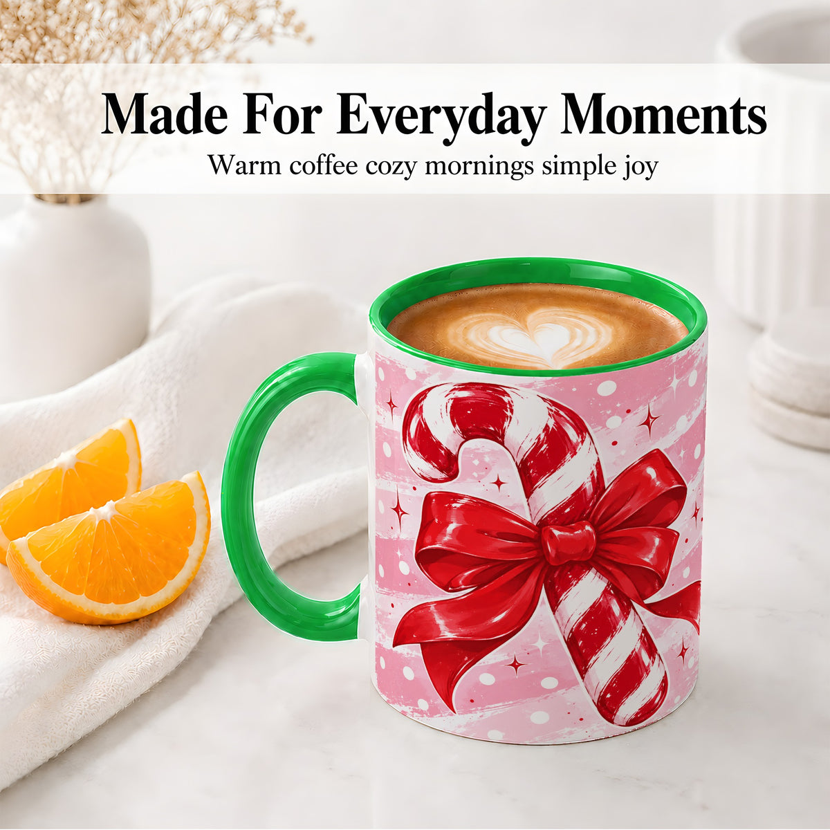 #pl[11oz|Green] Candy Cane Bow Ceramic Mug, Red Pink Christmas Holiday Artwork