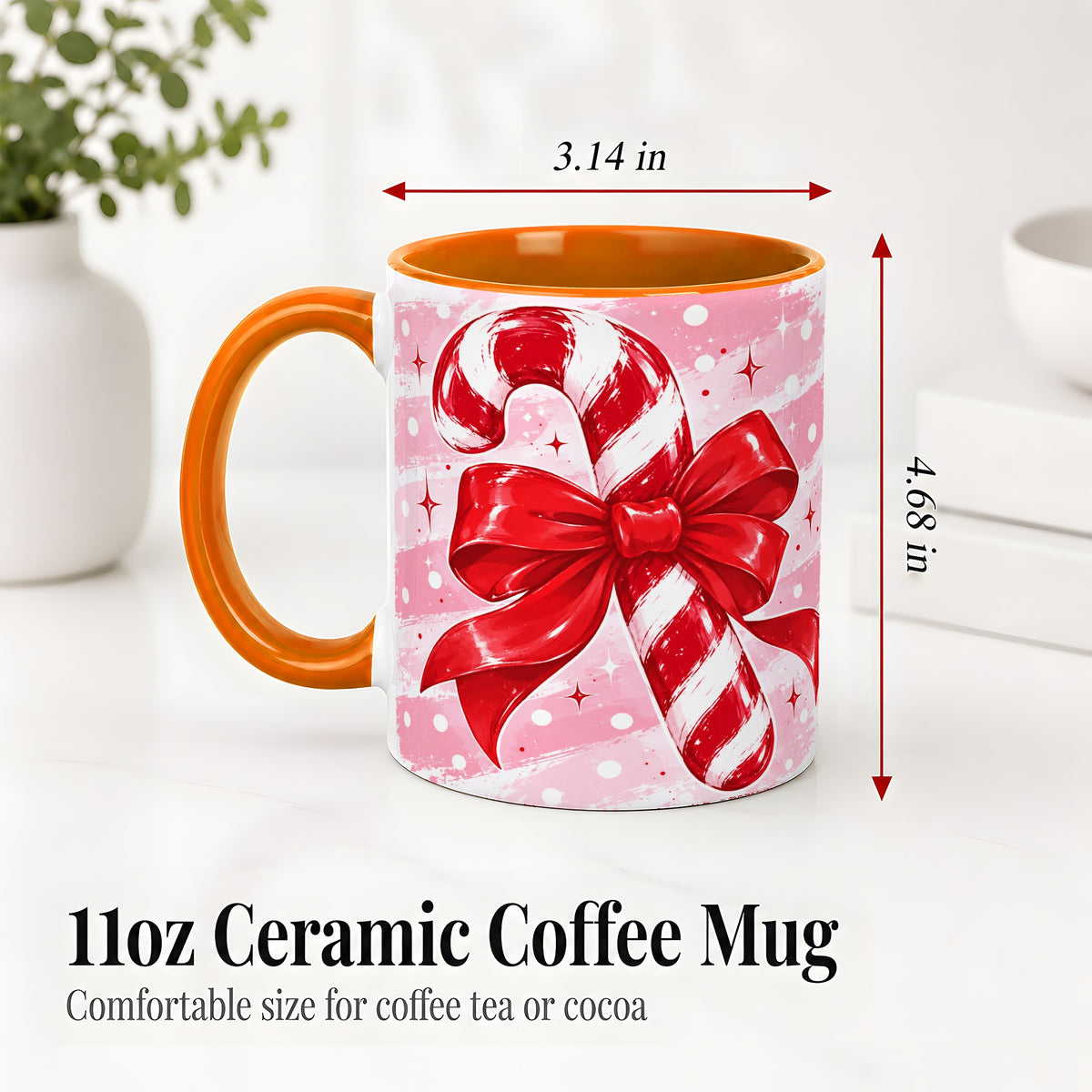 #pl[11oz|Orange] Candy Cane Bow Ceramic Mug, Red Pink Christmas Holiday Artwork