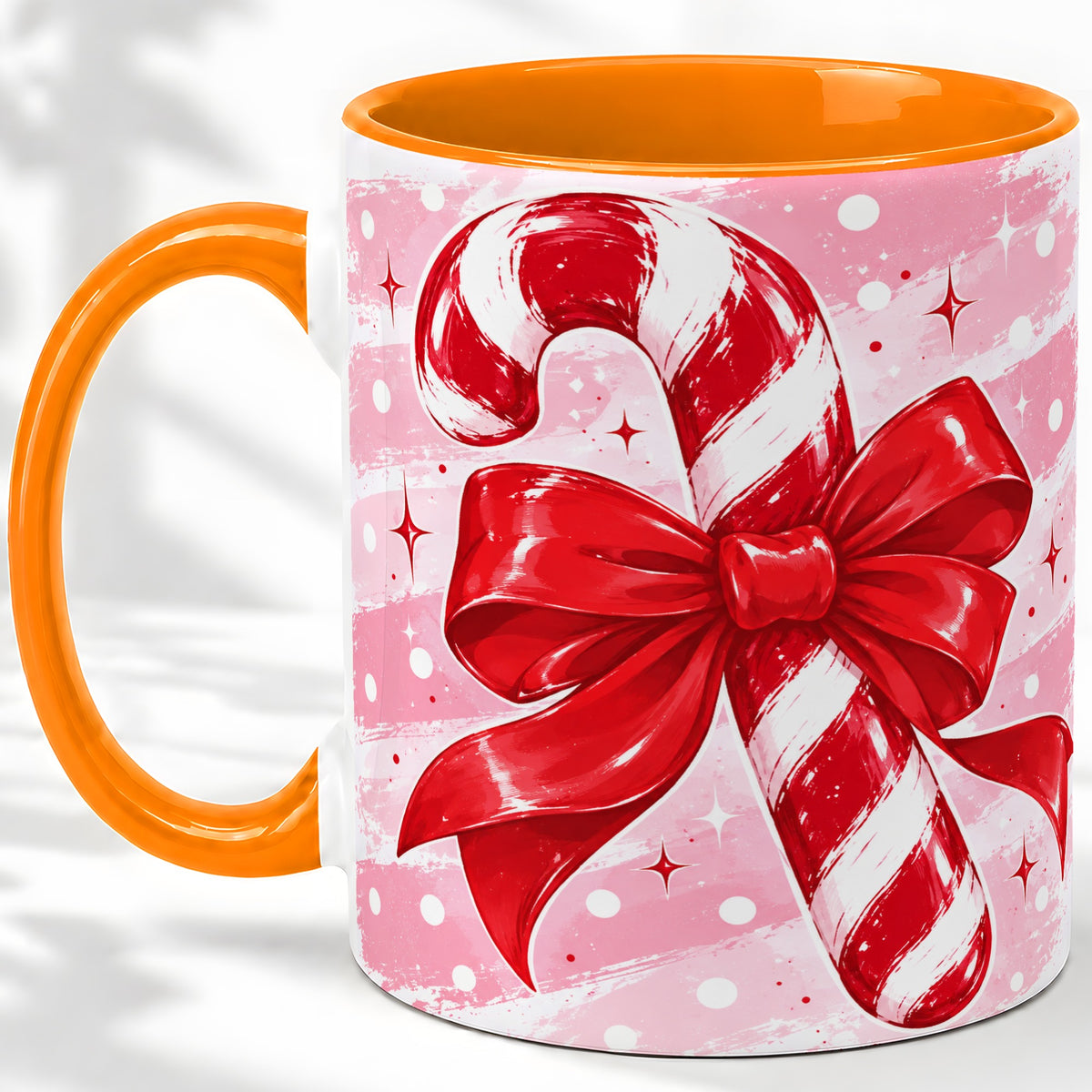 #pl[11oz|Orange] Candy Cane Bow Ceramic Mug, Red Pink Christmas Holiday Artwork