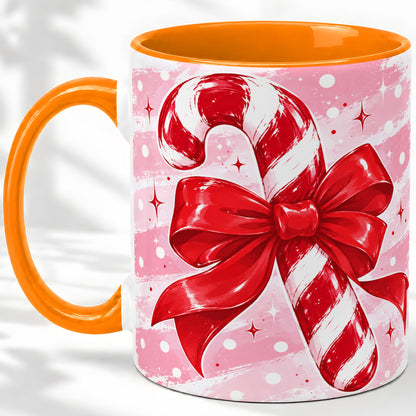 #pl[11oz|Orange] Candy Cane Bow Ceramic Mug, Red Pink Christmas Holiday Artwork
