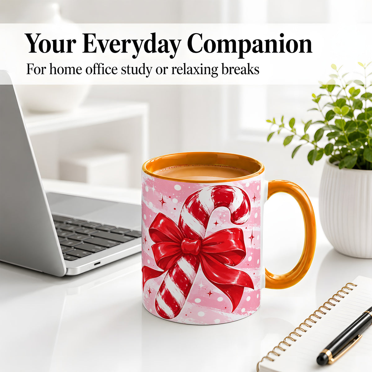 #pl[11oz|Orange] Candy Cane Bow Ceramic Mug, Red Pink Christmas Holiday Artwork