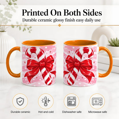#pl[11oz|Orange] Candy Cane Bow Ceramic Mug, Red Pink Christmas Holiday Artwork