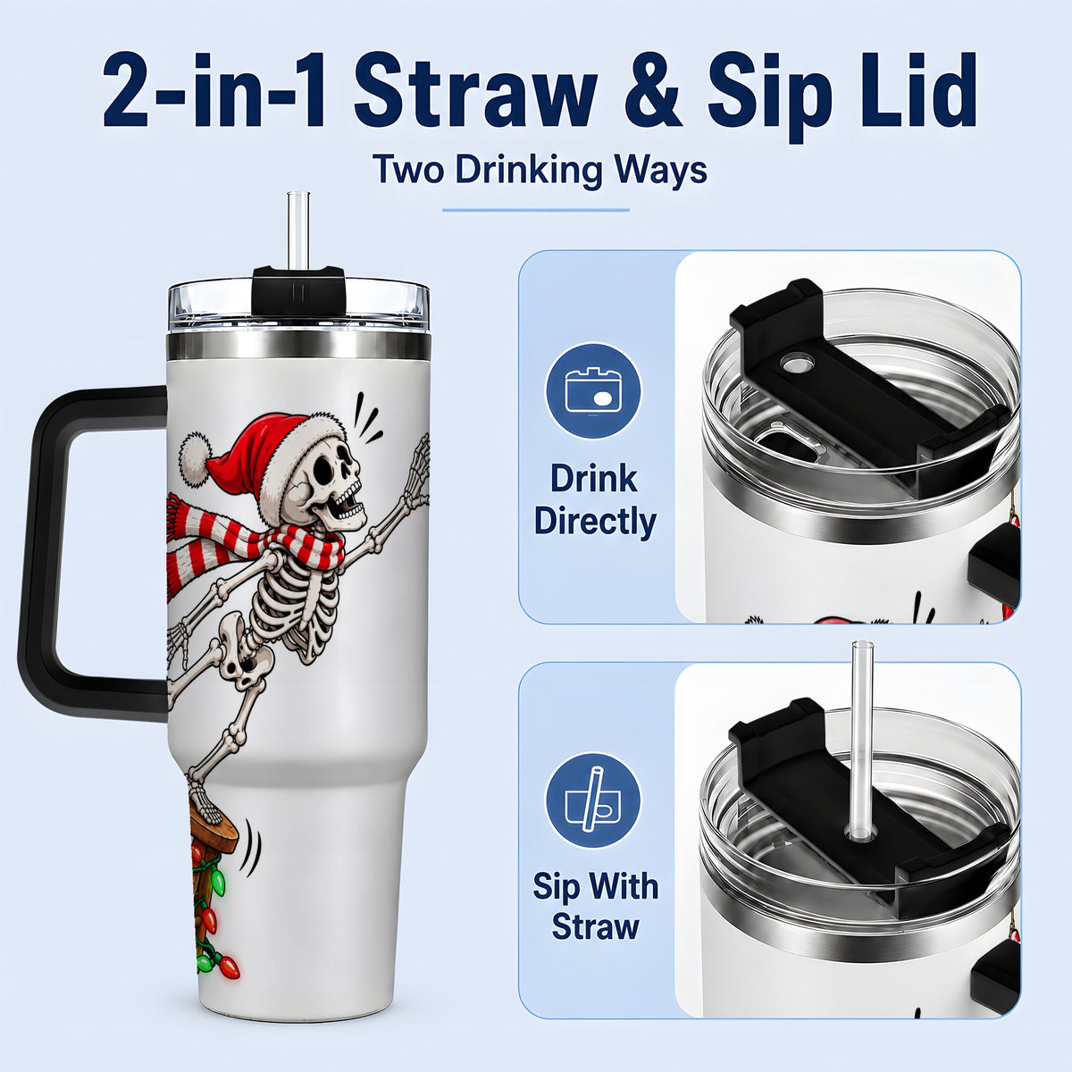 #pl[40oz|Black] Christmas Skeleton 40oz Tumbler, Stainless Steel Santa Holiday Artwork