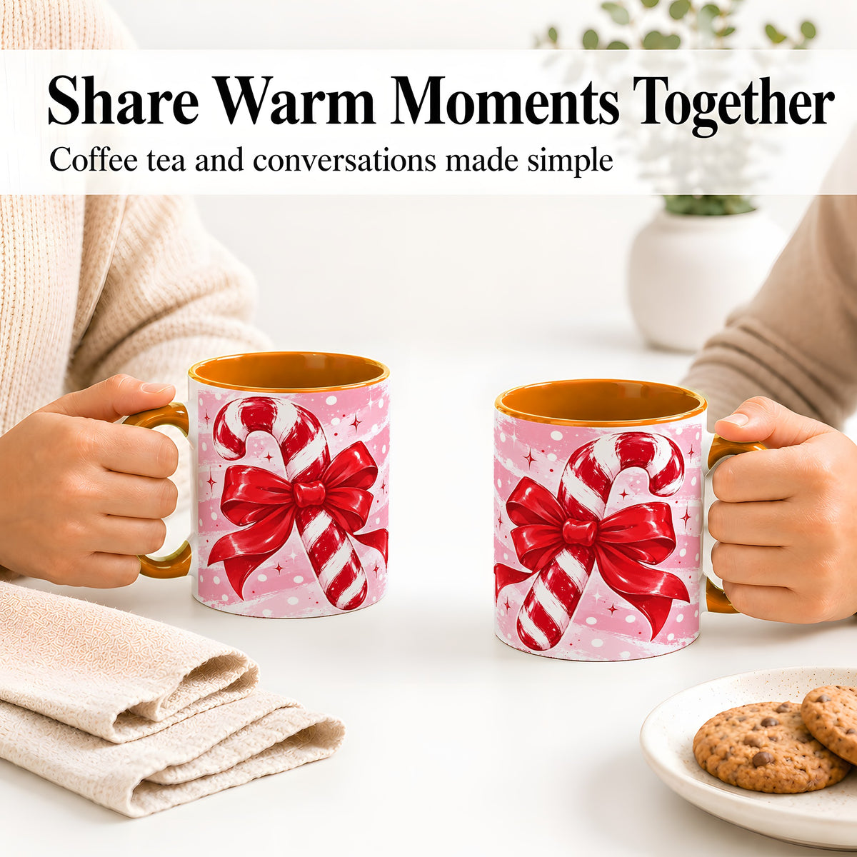 #pl[11oz|Orange] Candy Cane Bow Ceramic Mug, Red Pink Christmas Holiday Artwork