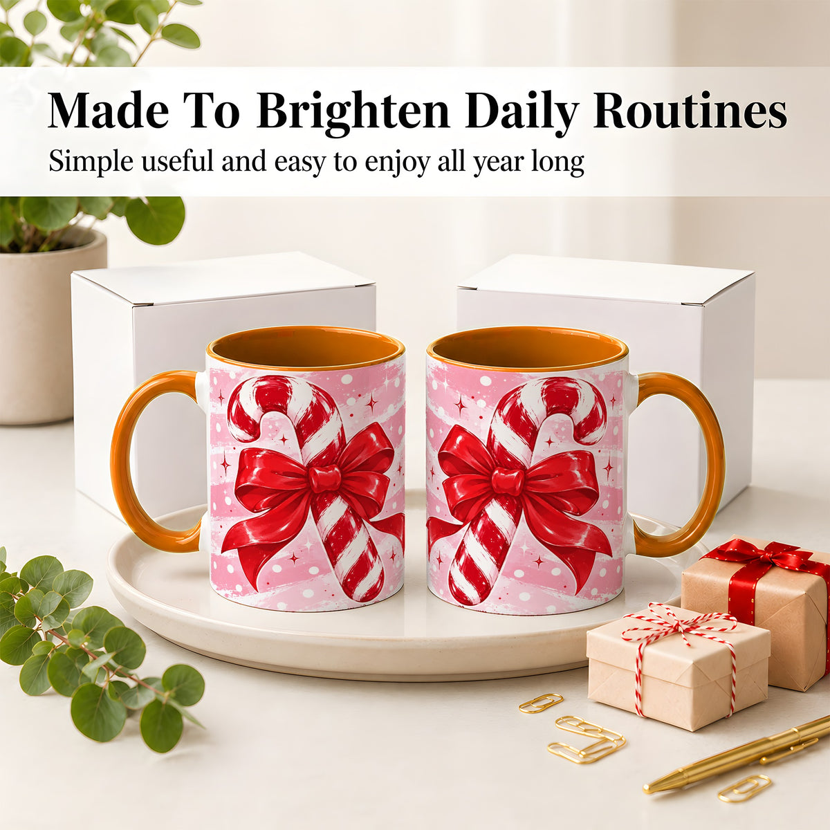 #pl[11oz|Orange] Candy Cane Bow Ceramic Mug, Red Pink Christmas Holiday Artwork