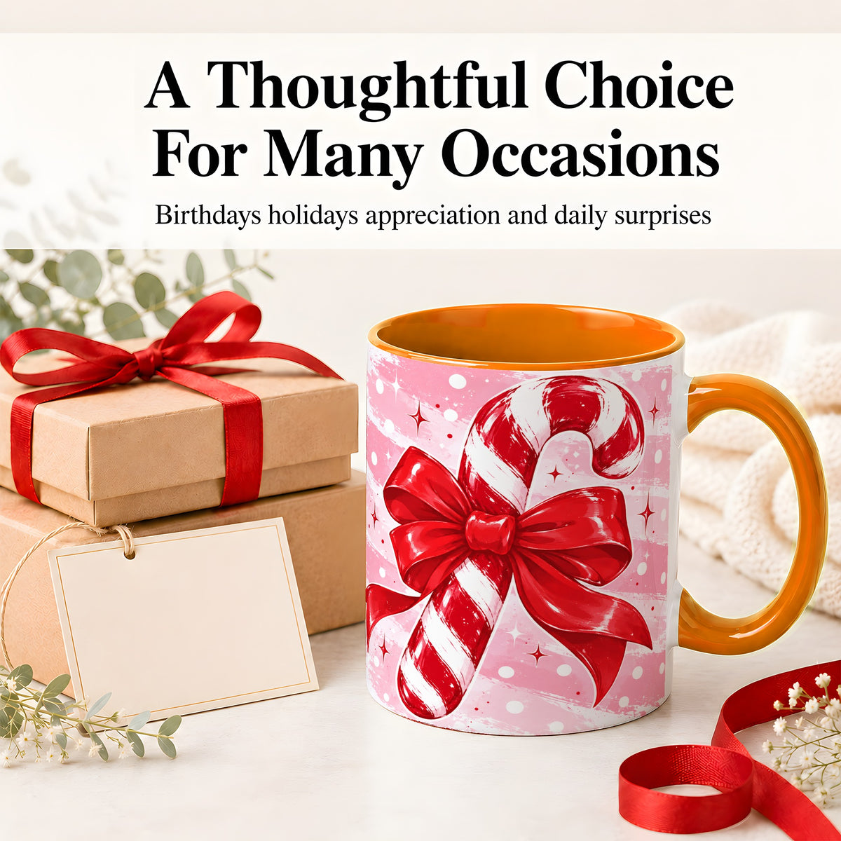 #pl[11oz|Orange] Candy Cane Bow Ceramic Mug, Red Pink Christmas Holiday Artwork