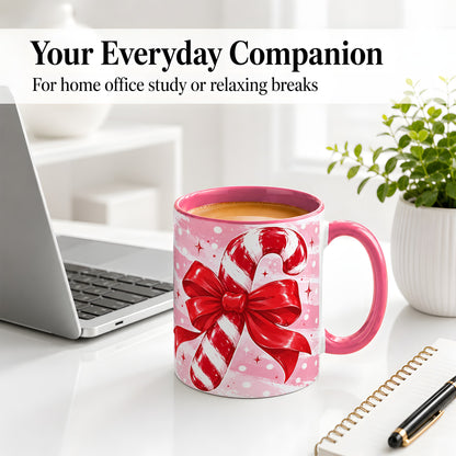 #pl[11oz|Pink] Candy Cane Bow Ceramic Mug, Red Pink Christmas Holiday Artwork