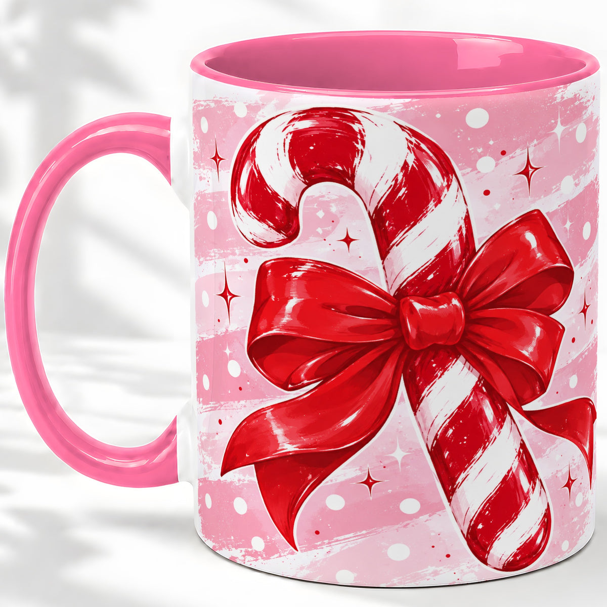 #pl[11oz|Pink] Candy Cane Bow Ceramic Mug, Red Pink Christmas Holiday Artwork
