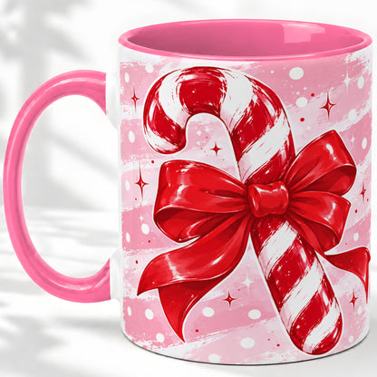 #pl[11oz|Pink] Candy Cane Bow Ceramic Mug, Red Pink Christmas Holiday Artwork