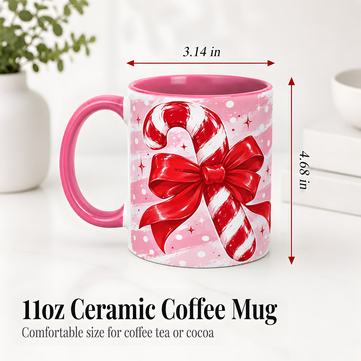 #pl[11oz|Pink] Candy Cane Bow Ceramic Mug, Red Pink Christmas Holiday Artwork
