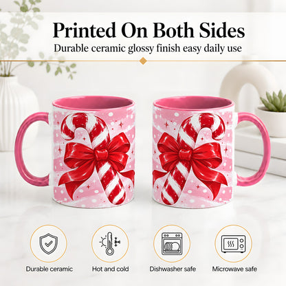 #pl[11oz|Pink] Candy Cane Bow Ceramic Mug, Red Pink Christmas Holiday Artwork