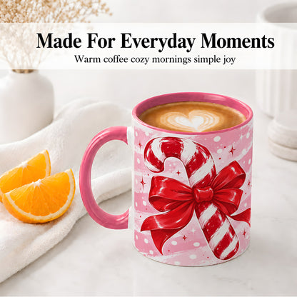 #pl[11oz|Pink] Candy Cane Bow Ceramic Mug, Red Pink Christmas Holiday Artwork