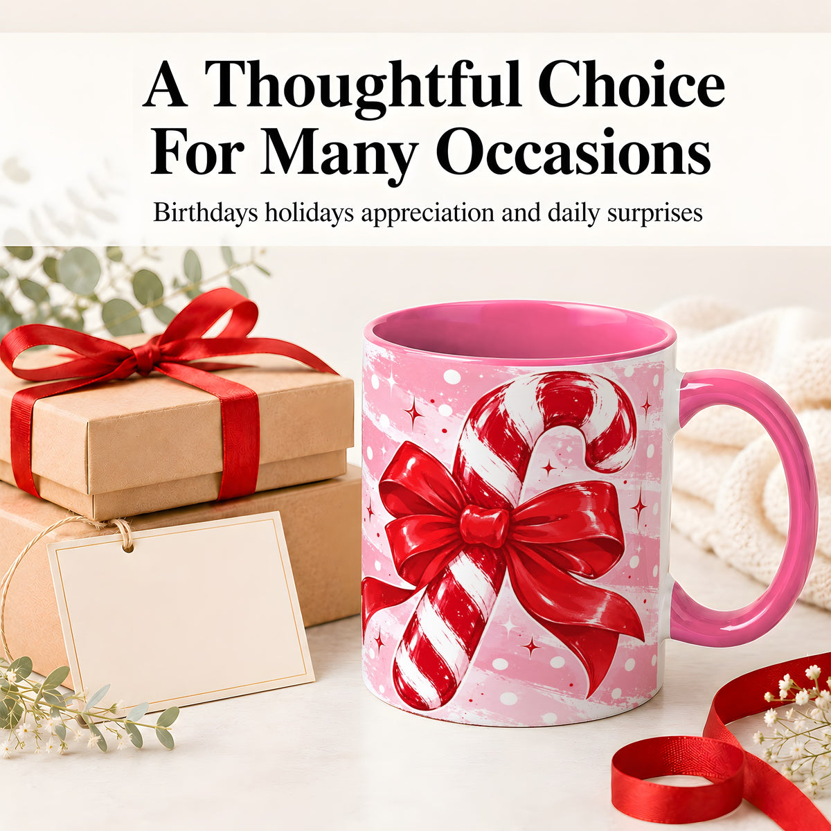 #pl[11oz|Pink] Candy Cane Bow Ceramic Mug, Red Pink Christmas Holiday Artwork
