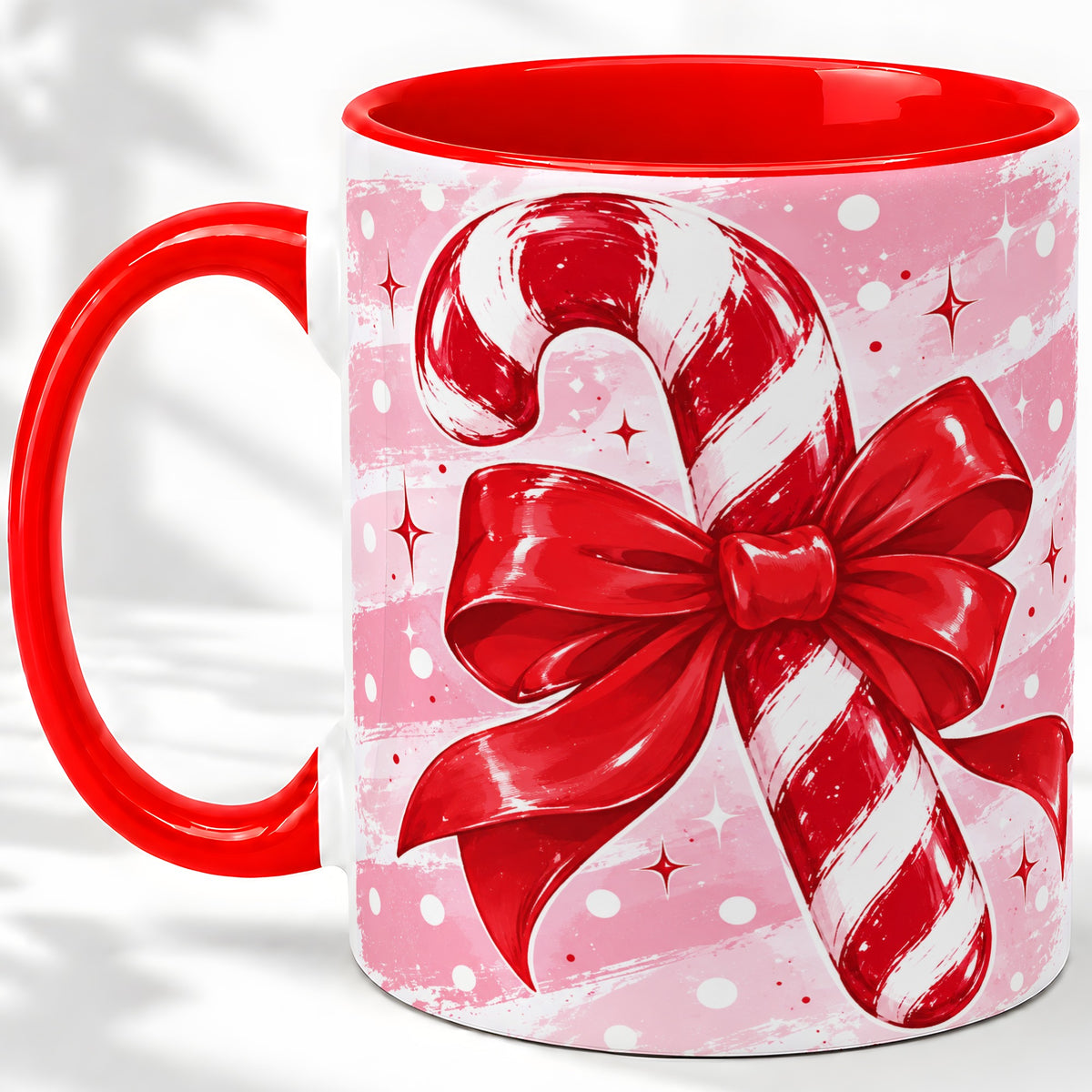 Candy Cane Bow Ceramic Mug, Red Pink Christmas Holiday Artwork