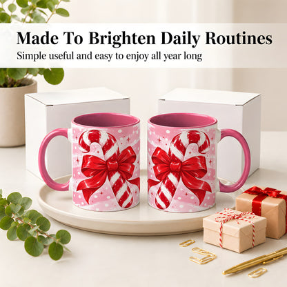 #pl[11oz|Pink] Candy Cane Bow Ceramic Mug, Red Pink Christmas Holiday Artwork