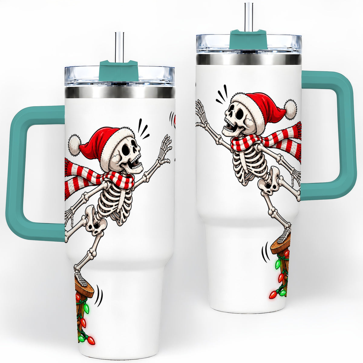 #pl[40oz|Green] Christmas Skeleton 40oz Tumbler, Stainless Steel Santa Holiday Artwork