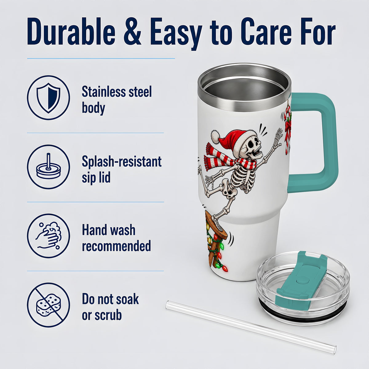 #pl[40oz|Green] Christmas Skeleton 40oz Tumbler, Stainless Steel Santa Holiday Artwork