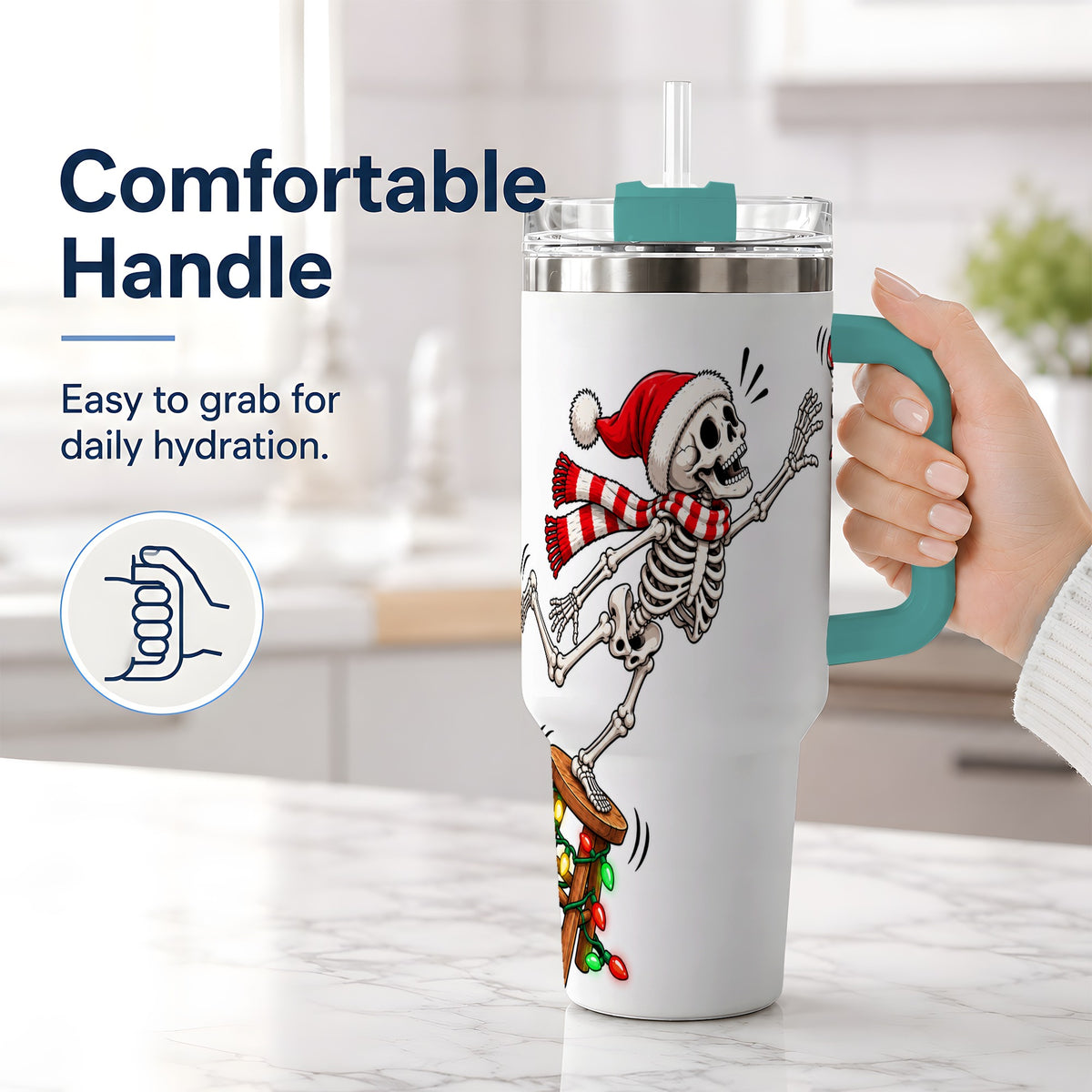 #pl[40oz|Green] Christmas Skeleton 40oz Tumbler, Stainless Steel Santa Holiday Artwork