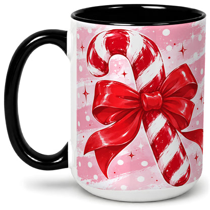 #pl[15oz|Black] Candy Cane Bow Ceramic Mug, Red Pink Christmas Holiday Artwork