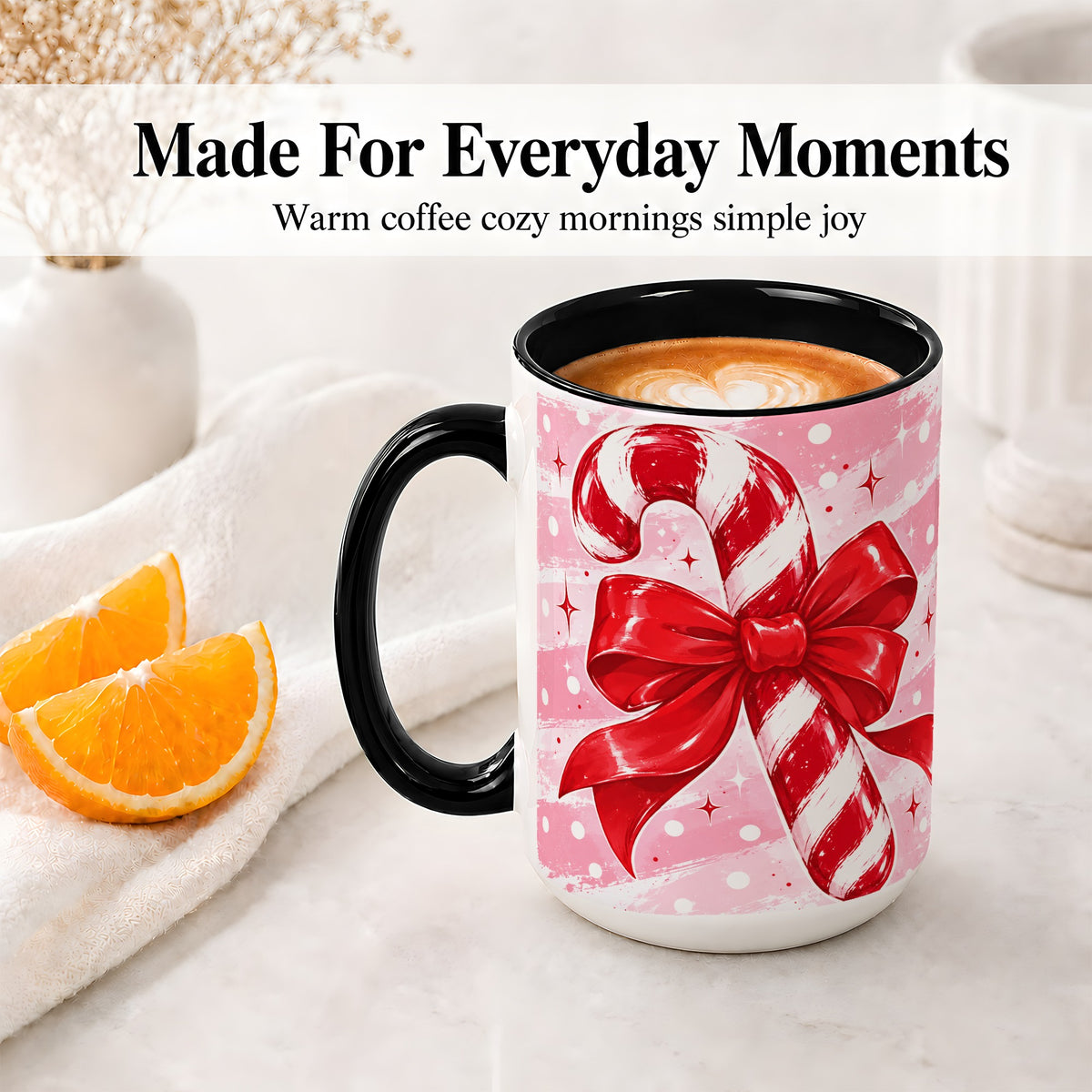 #pl[15oz|Black] Candy Cane Bow Ceramic Mug, Red Pink Christmas Holiday Artwork
