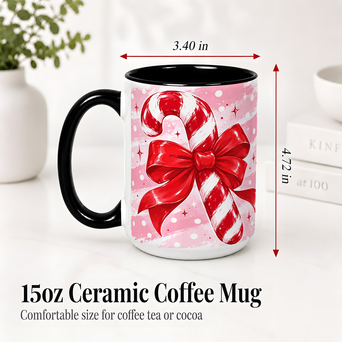 #pl[15oz|Black] Candy Cane Bow Ceramic Mug, Red Pink Christmas Holiday Artwork