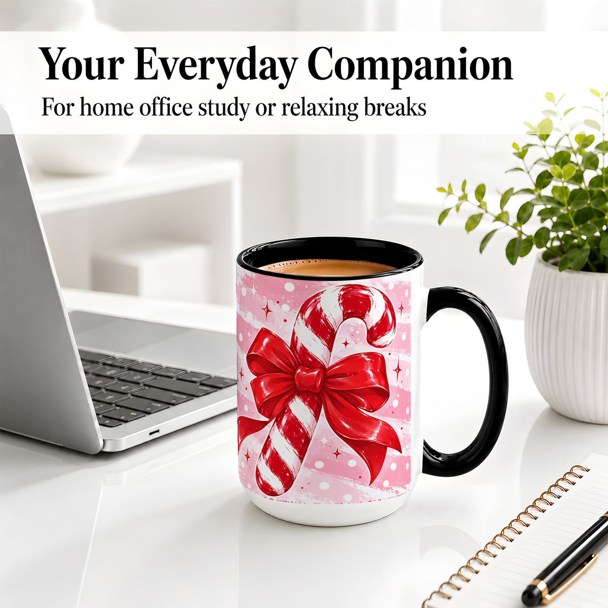 #pl[15oz|Black] Candy Cane Bow Ceramic Mug, Red Pink Christmas Holiday Artwork