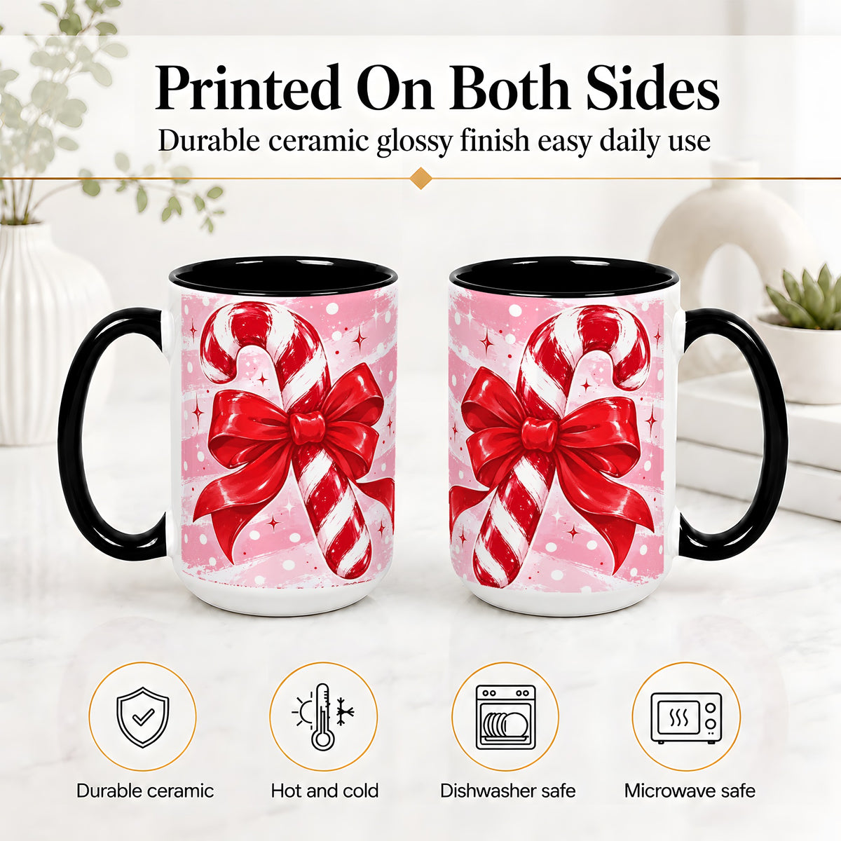 #pl[15oz|Black] Candy Cane Bow Ceramic Mug, Red Pink Christmas Holiday Artwork