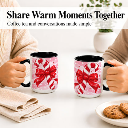 #pl[15oz|Black] Candy Cane Bow Ceramic Mug, Red Pink Christmas Holiday Artwork