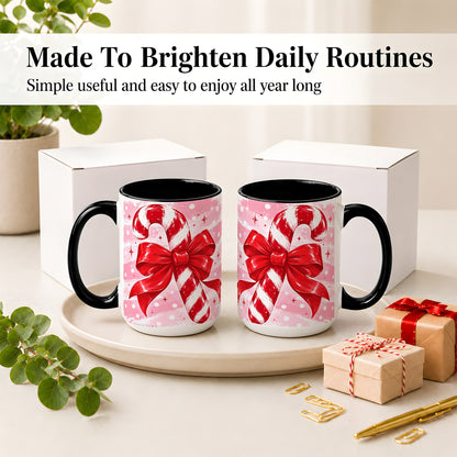 #pl[15oz|Black] Candy Cane Bow Ceramic Mug, Red Pink Christmas Holiday Artwork