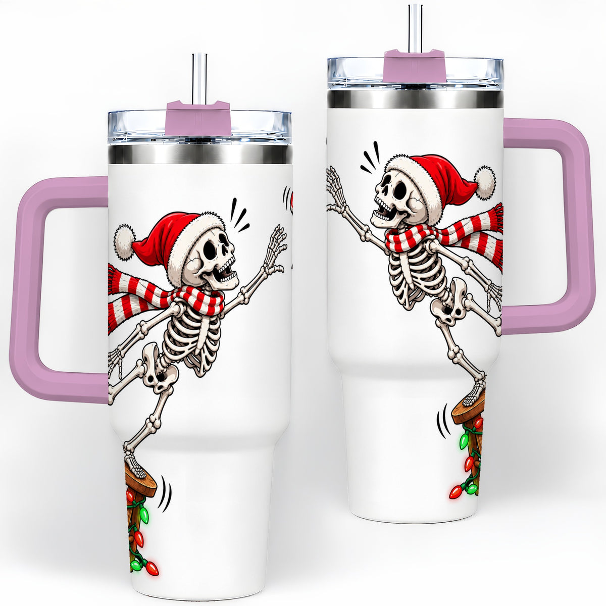 #pl[40oz|Pink] Christmas Skeleton 40oz Tumbler, Stainless Steel Santa Holiday Artwork