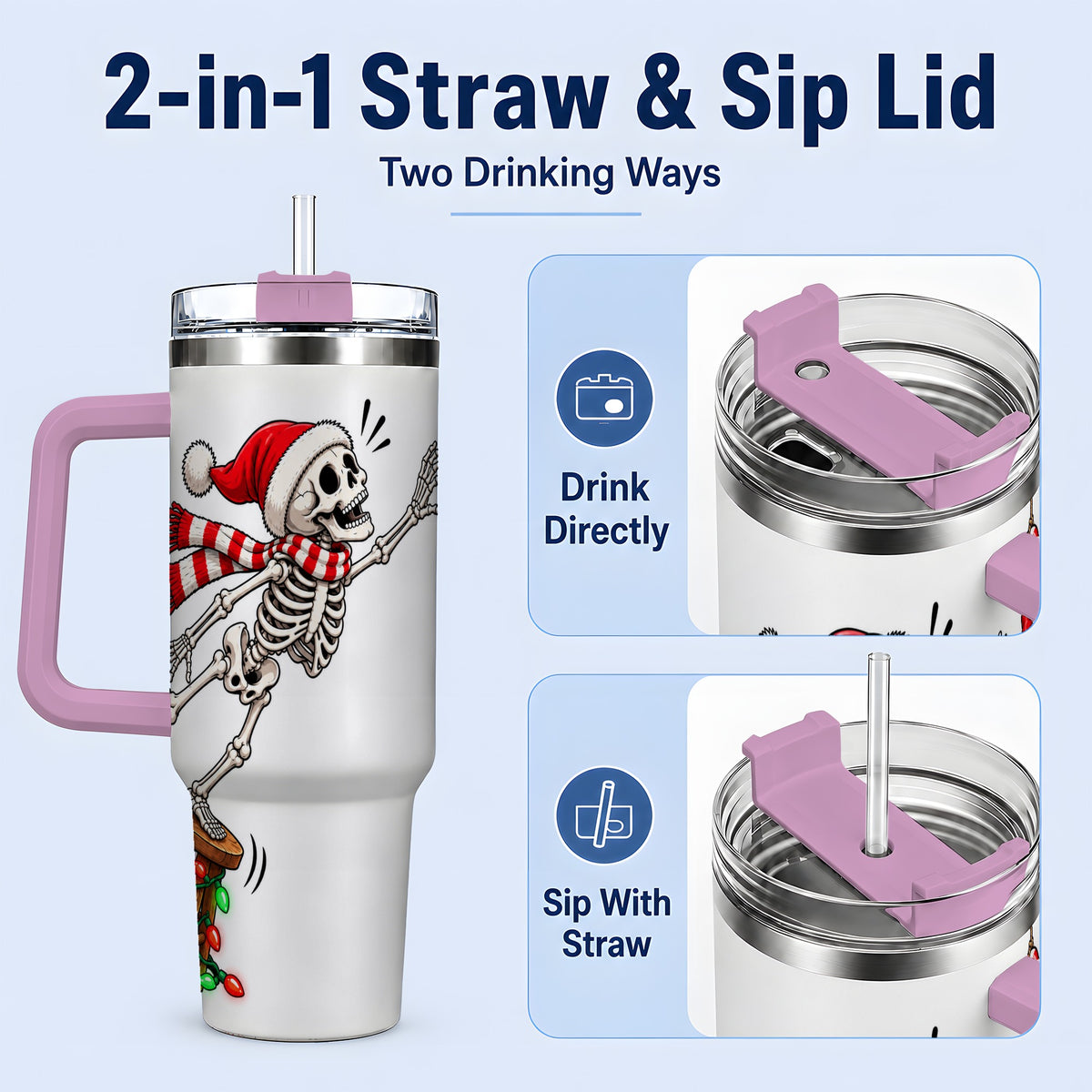 #pl[40oz|Pink] Christmas Skeleton 40oz Tumbler, Stainless Steel Santa Holiday Artwork