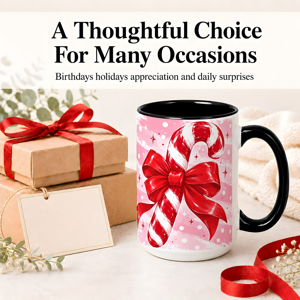 #pl[15oz|Black] Candy Cane Bow Ceramic Mug, Red Pink Christmas Holiday Artwork