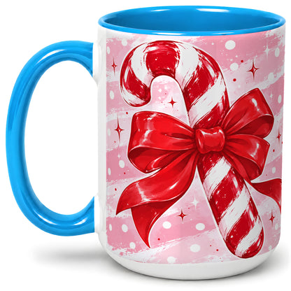 #pl[15oz|Blue] Candy Cane Bow Ceramic Mug, Red Pink Christmas Holiday Artwork